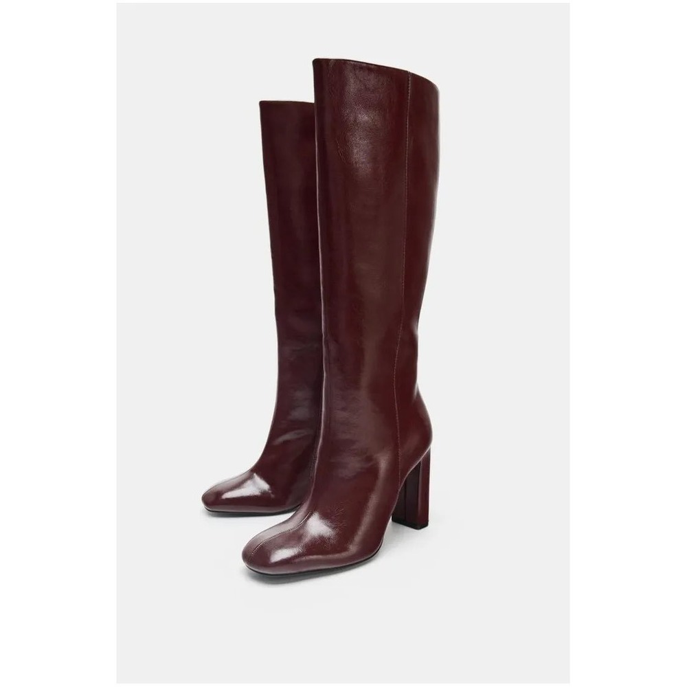 Zara Burgundy Tall Block Heel Boots Square Toe Knee High Wine Red 3010/610/624 - Picture 2 of 10